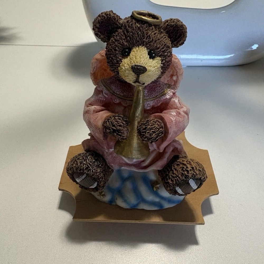 Source Unknown Brown Bear Angel Figurine with Pink Robe and Gold Horn